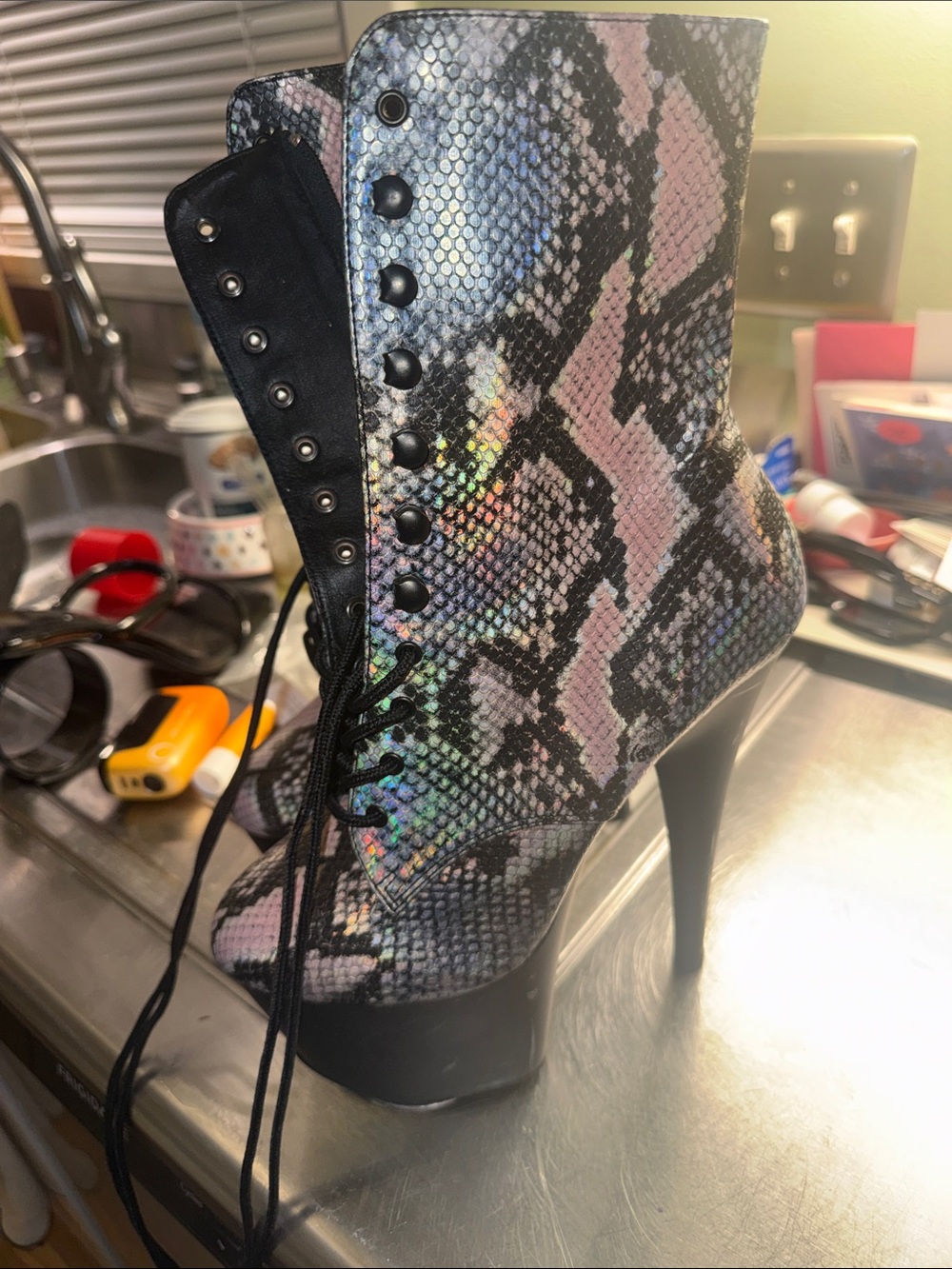 Pleaser Pink and Black Snake-Print Platform Lace-Up Stiletto Boots